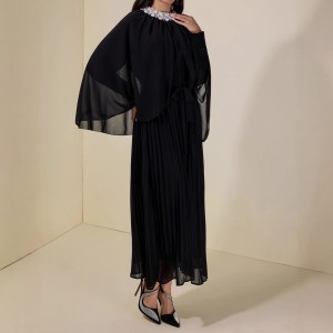 Draped pure color elegant French-style dress with diamond-encrusted neckline and pleated overlay