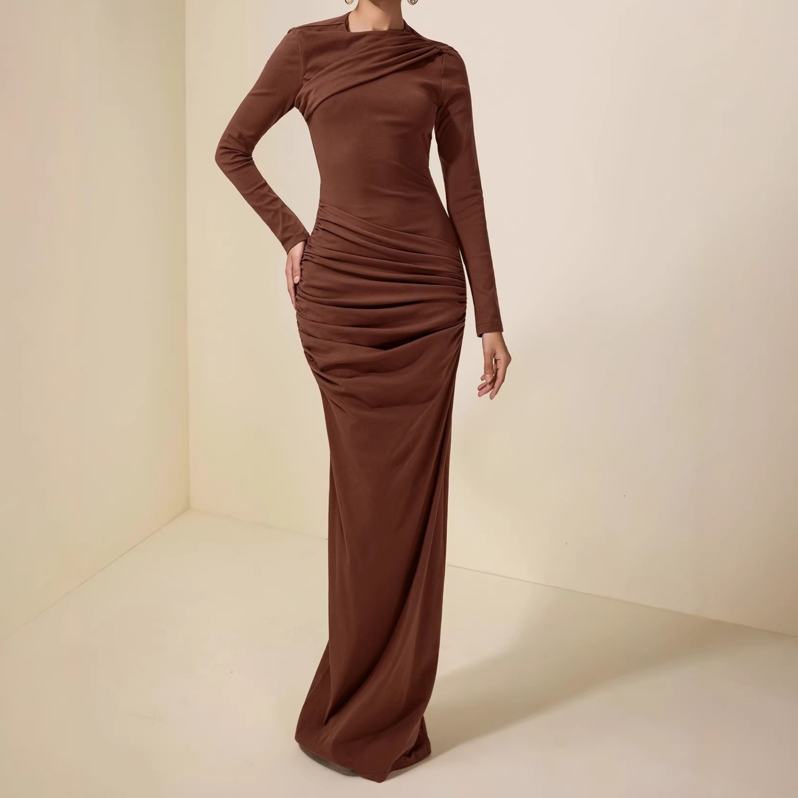 Irregular neckline, fitted bodice, brown, full-sleeved, long dress