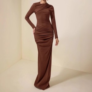 Irregular neckline, fitted bodice, brown, full-sleeved, long dress