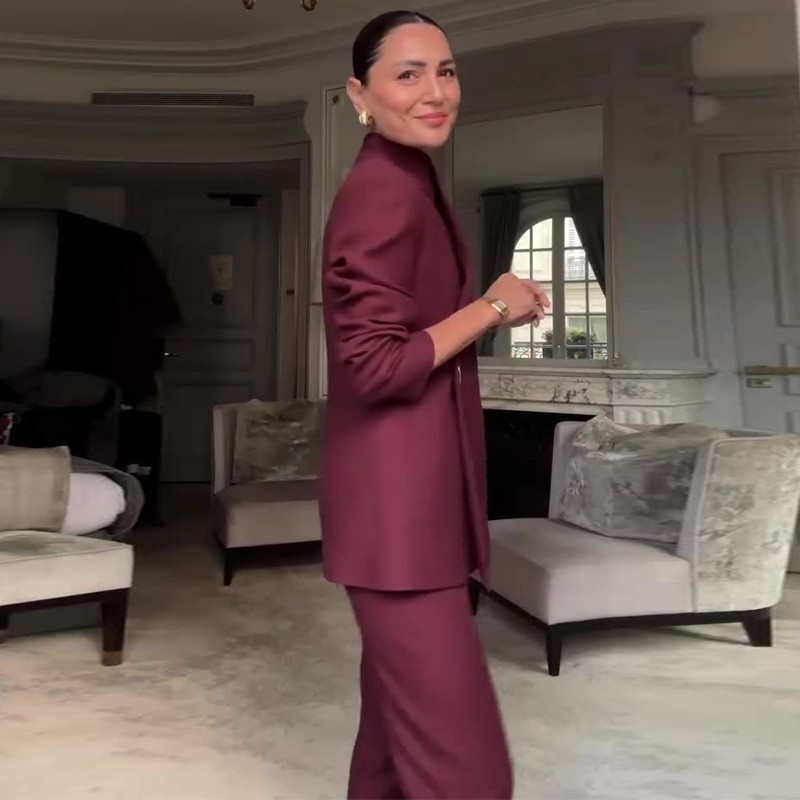 Long-sleeved wine-red formal two-piece set for work attire