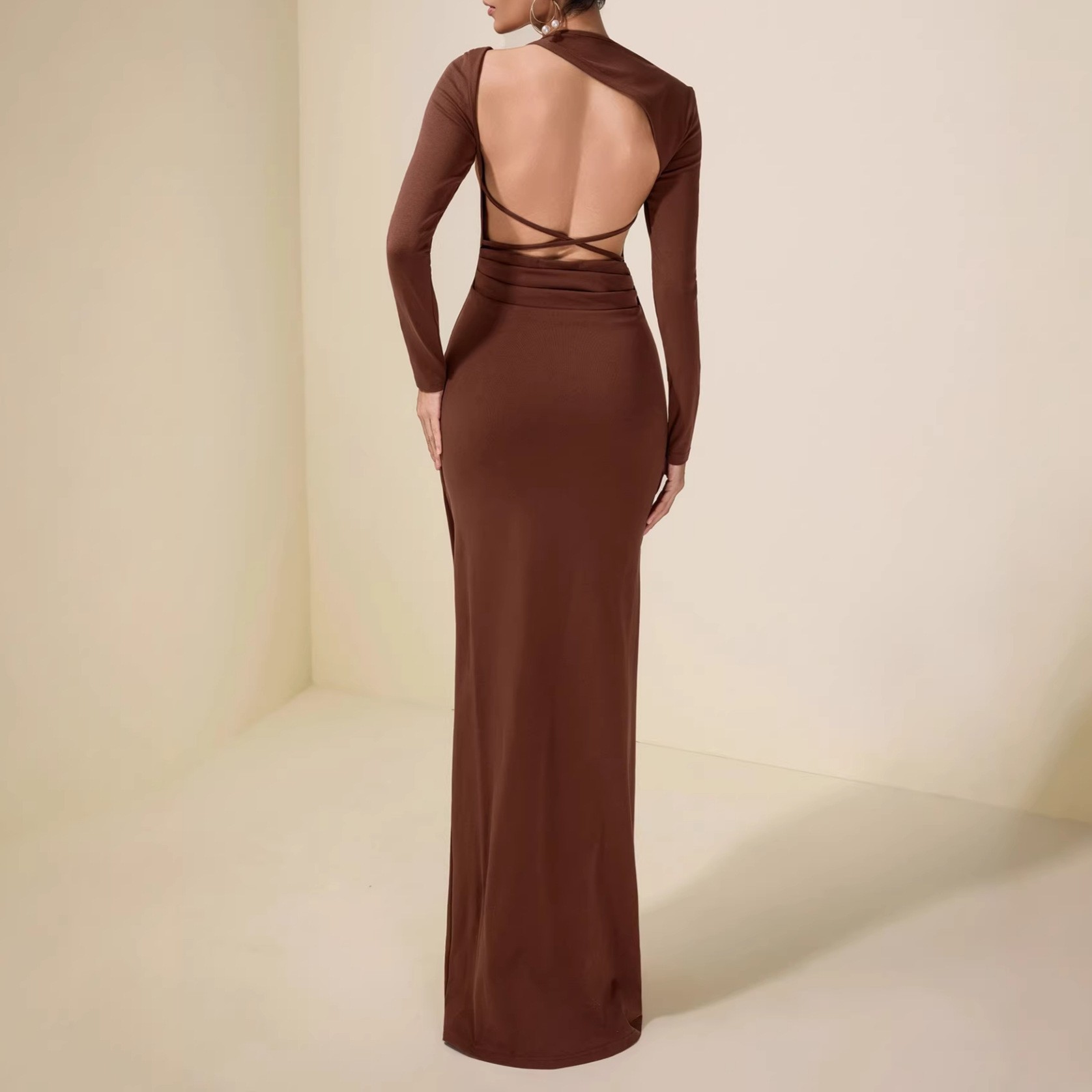 Irregular neckline, fitted bodice, brown, full-sleeved, long dress