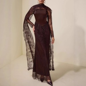 Lace ribbon halter-necked patchwork dark brown elegant dress