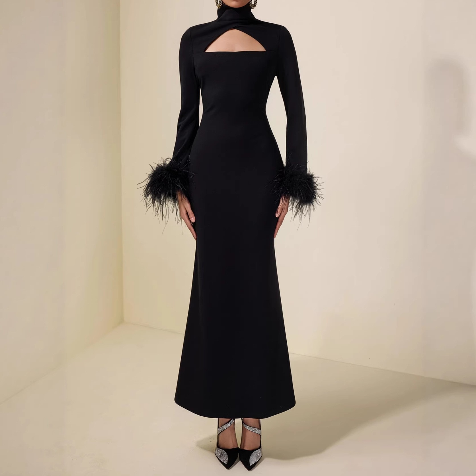 High-necked, fitted bodice, feathered cuffs, pure black, full-skirted, long dress with a flattering silhouette