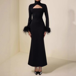 High-necked, fitted bodice, feathered cuffs, pure black, full-skirted, long dress with a flattering silhouette