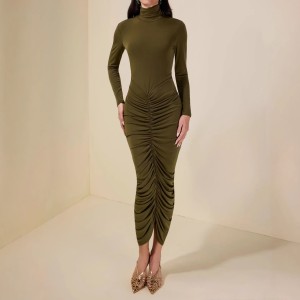 High-neck long-sleeved green pleated midriff-baring women's dress with a fitted waist and full skirt