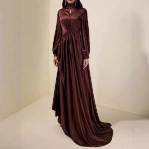 High-necked dark brown long-sleeved pleated elegant patchwork dress