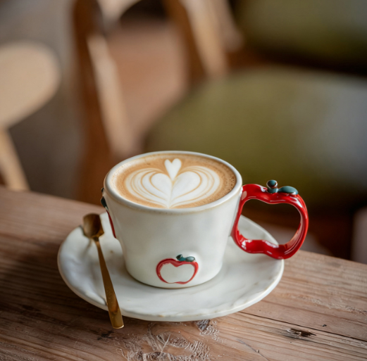 Creamy White Apple Joy Coffee Mug & Saucer – Ceramic Latte Cup Set