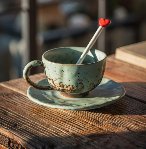 Moss Glaze Kiln-Fired Coffee Mug & Saucer – Vintage Latte Cup for Afternoon Tea