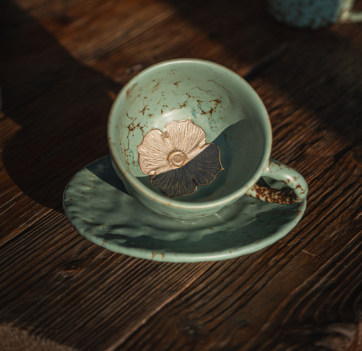 Moss Glaze Kiln-Fired Coffee Mug & Saucer – Vintage Latte Cup for Afternoon Tea