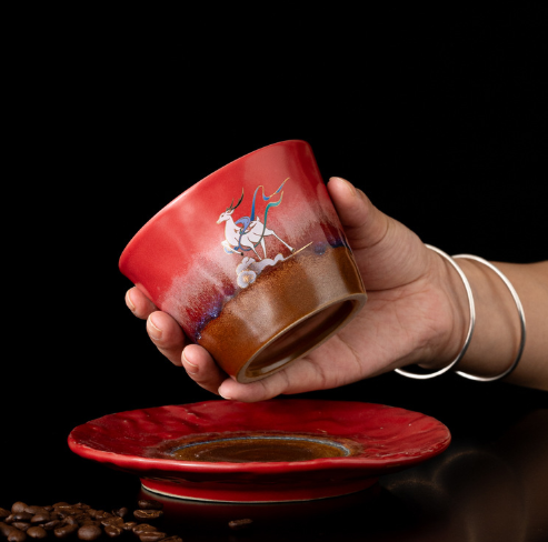 Palace Red Dunhuang Nine-Colored Deer Coffee Mug & Saucer – Creative Latte Cup