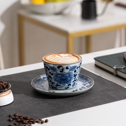 Blue & White Lotus Coffee Mug & Saucer – Luxury Afternoon Tea Latte Cup