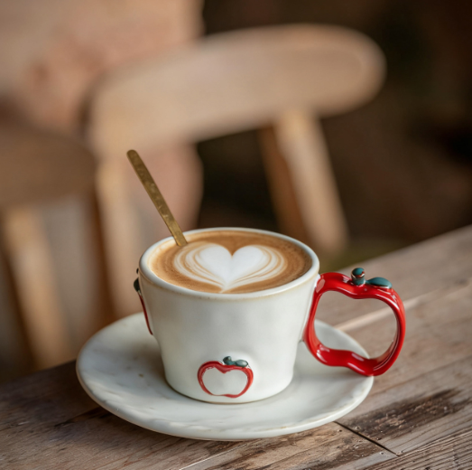 Creamy White Apple Joy Coffee Mug & Saucer – Ceramic Latte Cup Set