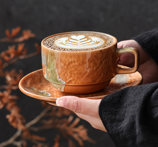 Glazed Ceramic Latte Cup & Saucer Set – Vintage Rustic Coffee Mug