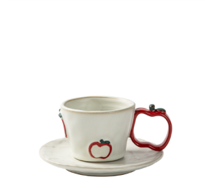 Creamy White Apple Joy Coffee Mug & Saucer – Ceramic Latte Cup Set