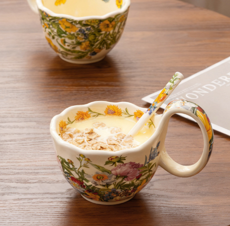 Floral Ceramic Mug & Dessert Bowl Set – Large Capacity Coffee Cup