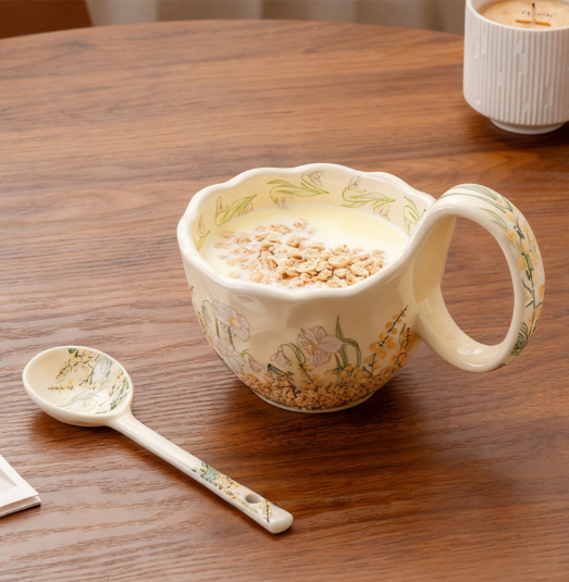 Floral Ceramic Mug & Dessert Bowl Set – Large Capacity Coffee Cup