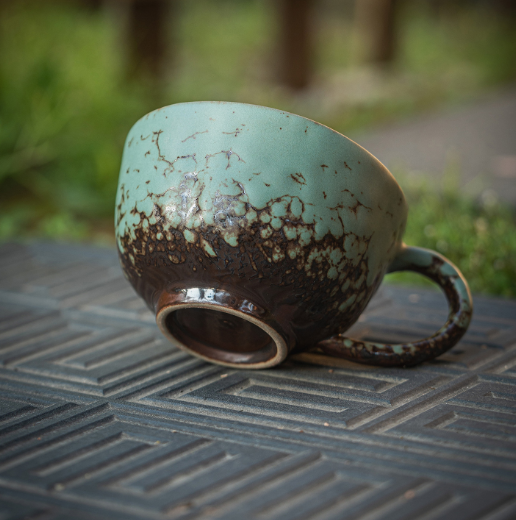 Moss Glaze Kiln-Fired Coffee Mug & Saucer – Vintage Latte Cup for Afternoon Tea