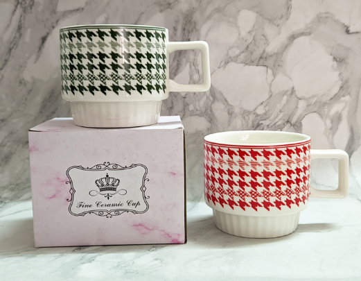 Houndstooth Stackable Ceramic Coffee Mugs, Aesthetic Couple Mug Set