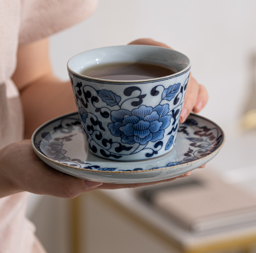 Blue & White Lotus Coffee Mug & Saucer – Luxury Afternoon Tea Latte Cup